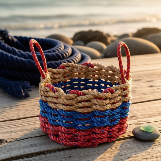 Red, Blue & Tan Lobster Rope Basket – Handwoven Coastal Storage Bin - Lollis Loops