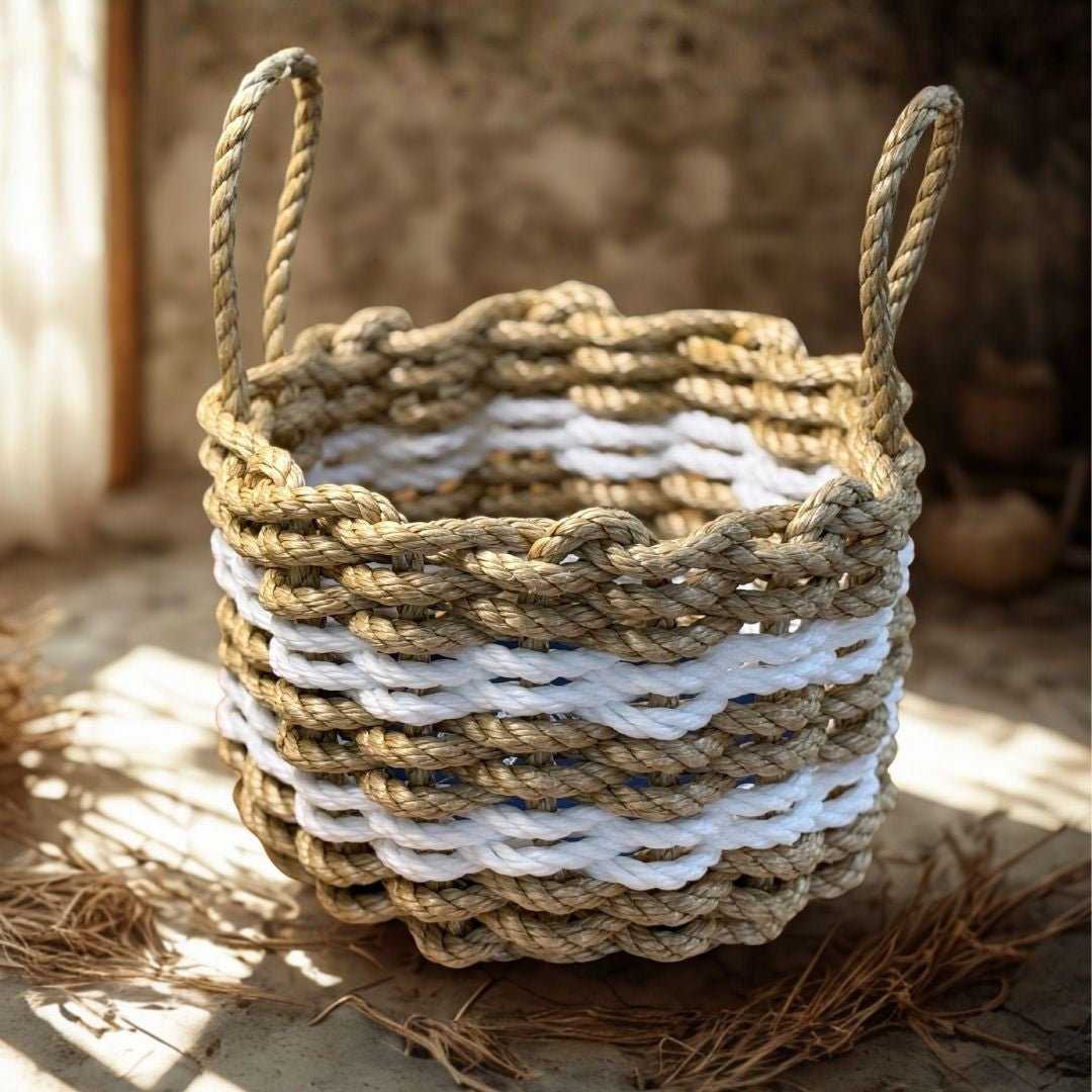 Lolli’s Original Lobster Rope Basket | Handwoven Tan & White Coastal Storage - Lollis Loops