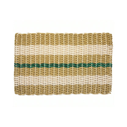 All Weather, Long Lasting Lobster Rope Mat with coastal classic tan and sand stripes interrupted with a rebellious pop of green pinstripe on a white background