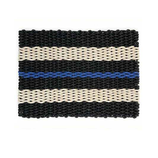 All Weather, Long Lasting Lobster Rope Mat with coastal classic black and  sand stripes interrupted with a rebellious pop of blue pinstripe on a white background