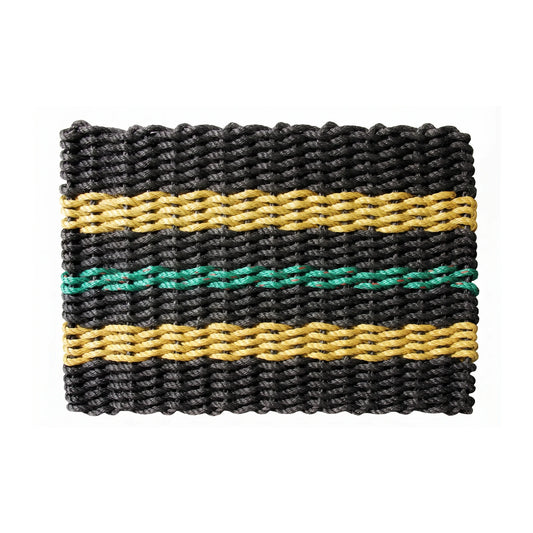 All Weather, Long Lasting Lobster Rope Mat with coastal classic black and tan stripes interrupted with a rebellious pop of green pinstripe on a white background
