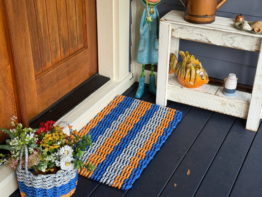Coastal Wave Doormat - Blue, Orange and Gray - Lollis Loops