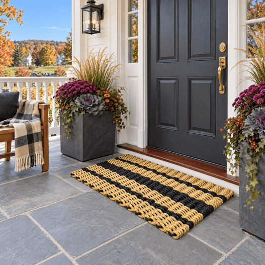 Tan & Black Captain’s Bars Lobster Rope Doormat - Lolli's Loops