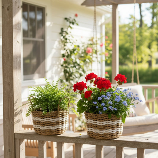 Tan and White Lobster Rope Baskets with Flowers on a porch