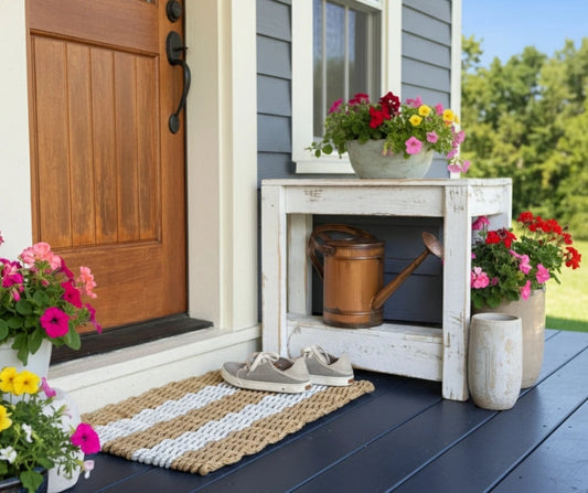 Front porch with wooden door, white bench, shoes, and potted flowers on a blue deck.