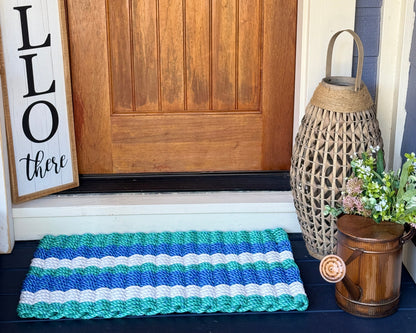 Lolli's The Admiral Coastal Wave Blue, Teal & White Lobster Rope Doormat | Unmatched Durability & Coastal Style