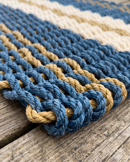 Close-up of The Admiral's woven rope texture and blue, tan and sand pattern.