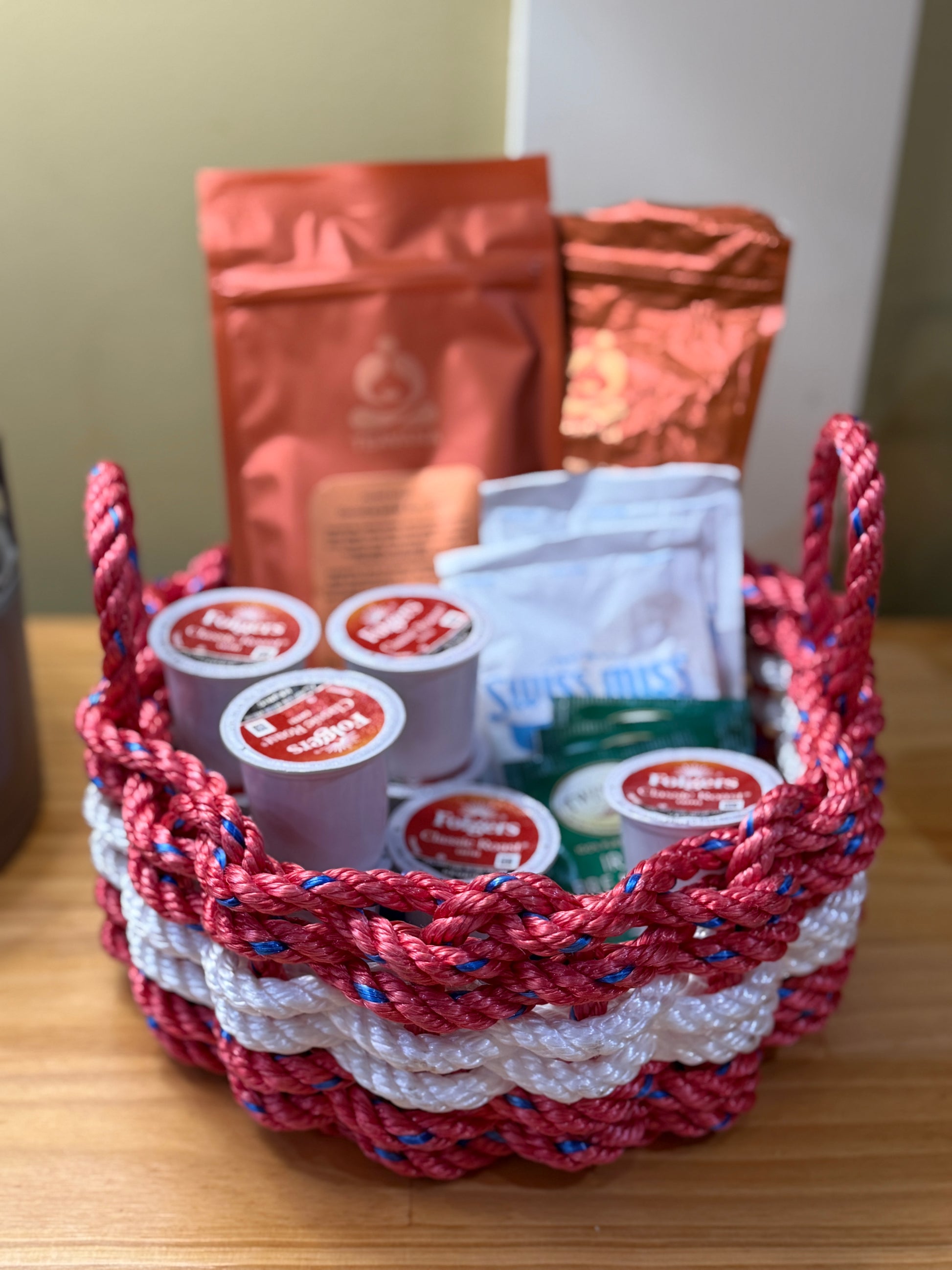 Coffee Filled Red and White Rope Basket 