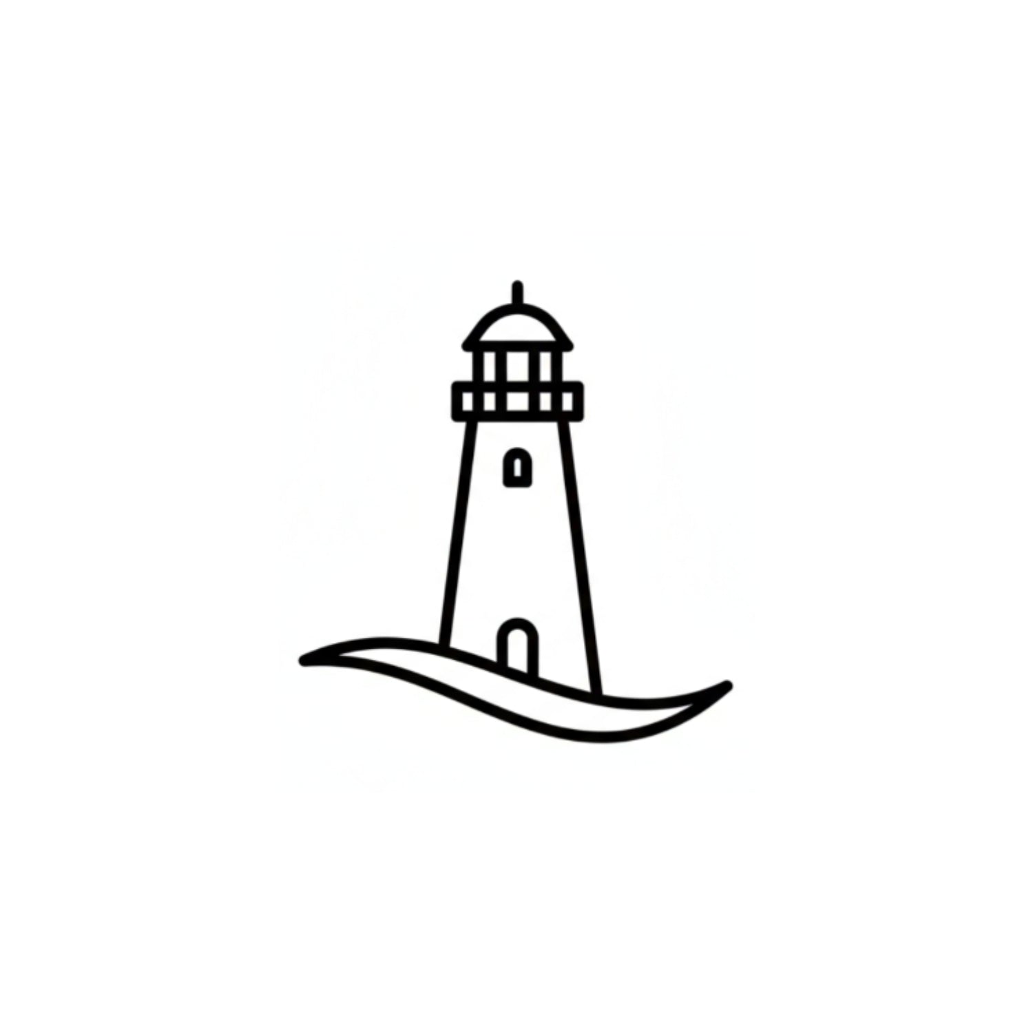 A minimalist line art icon of a stylized lighthouse, perhaps with a subtle, abstract wave element at its base. Clean, elegant, single-color outline (no fill).