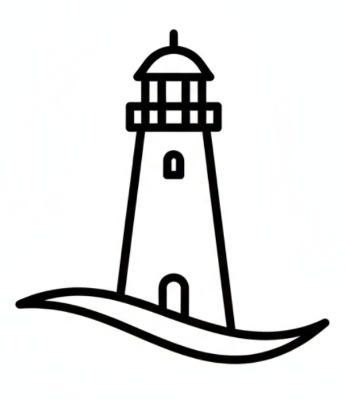 A minimalist line art icon of a stylized lighthouse, perhaps with a subtle, abstract wave element at its base. Clean, elegant, single-color outline (no fill).