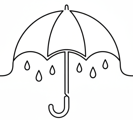 a minimalist line art icon of an umbrella with droplets of rain falling on it