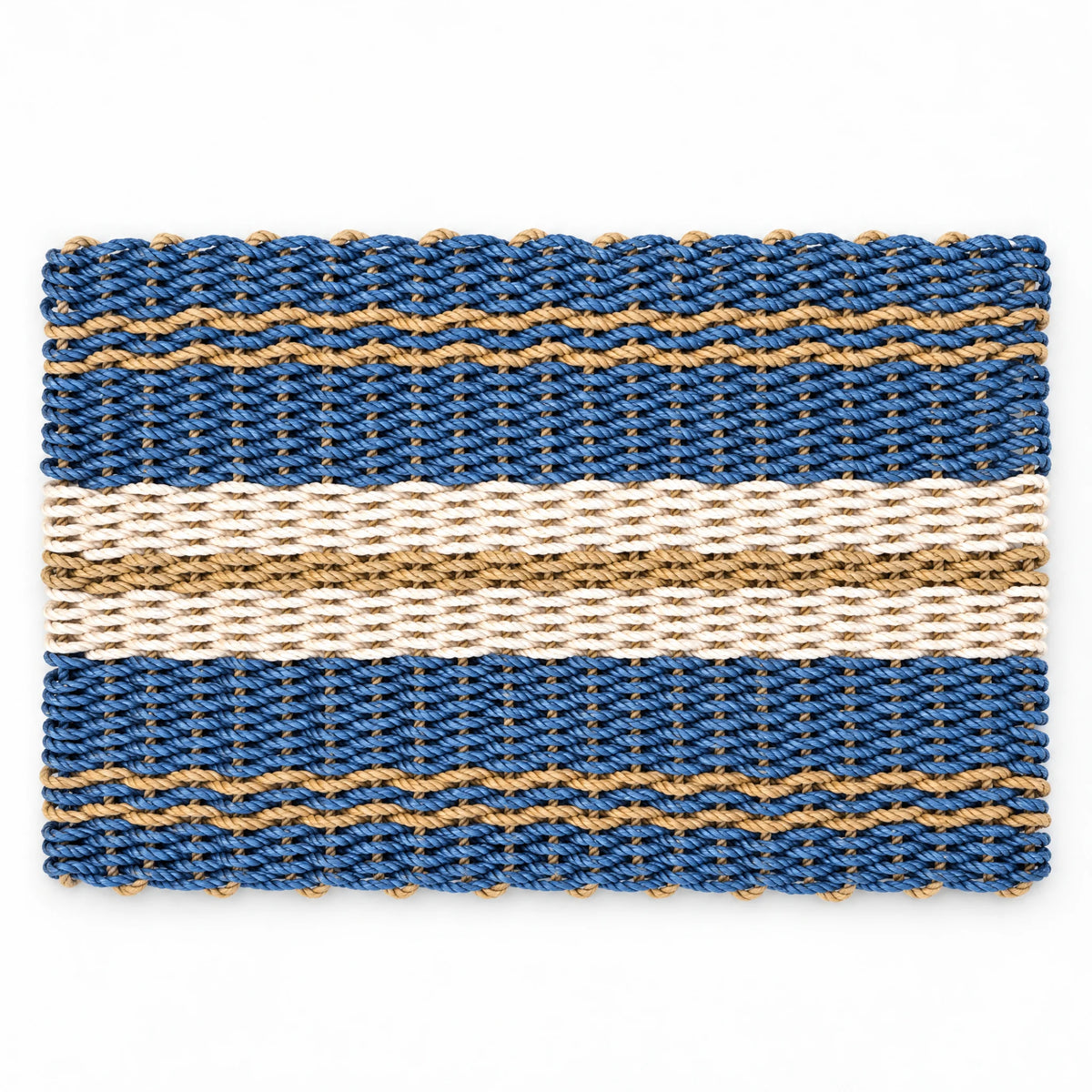 The Admiral blue, tan and sand lobster rope doormat with its distinctive center band and stripe pattern.